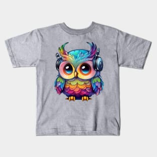 Rainbow Owl Wearing Headphones Kids T-Shirt